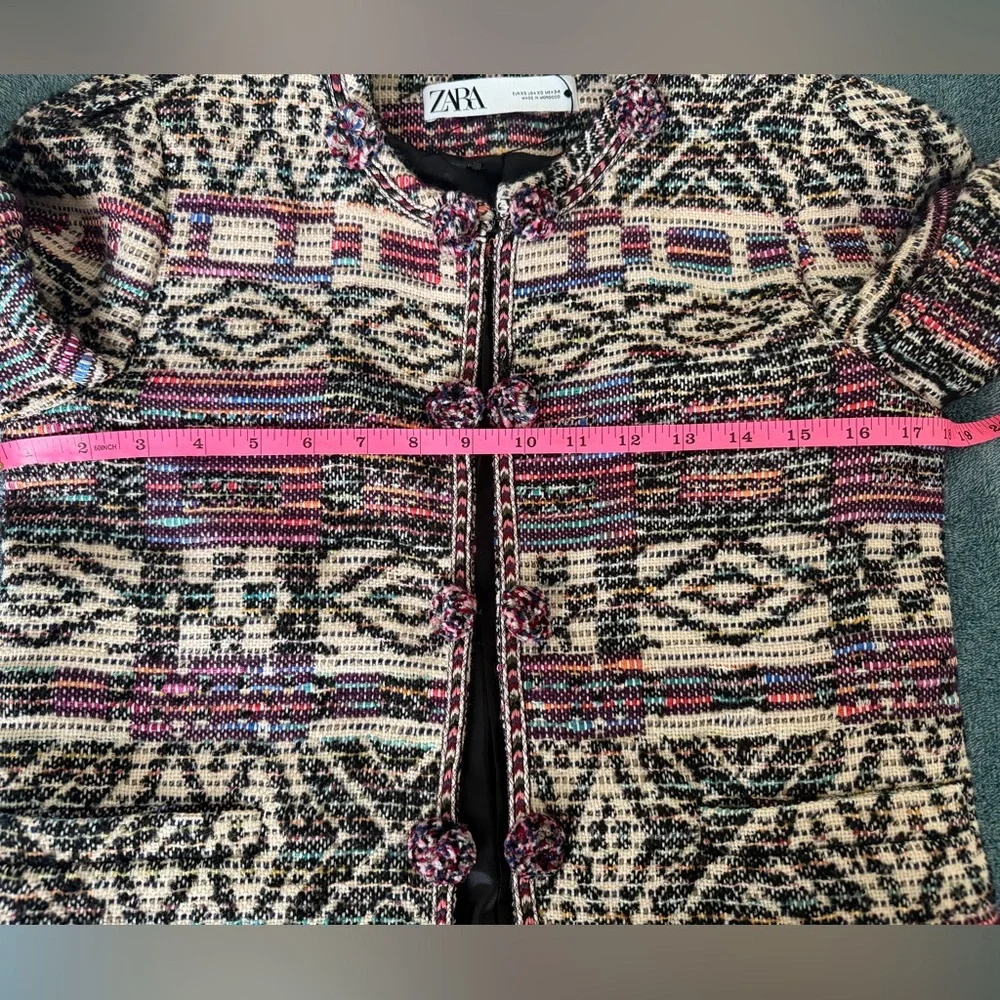 New  Zara Jacquard Jacket Wool Cotton Blend Round Collar Cropped Multicolor XS - Picture 7 of 11
